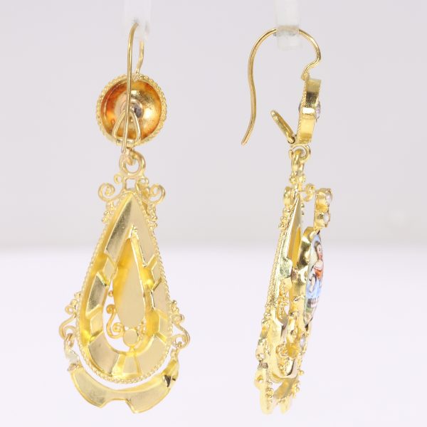 Antique Victorian Biedermeier Enamelled 18ct Gold Pendant Earrings