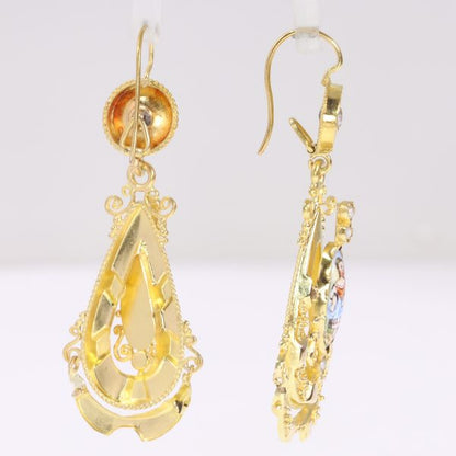 Antique Victorian Biedermeier Enamelled 18ct Gold Pendant Earrings