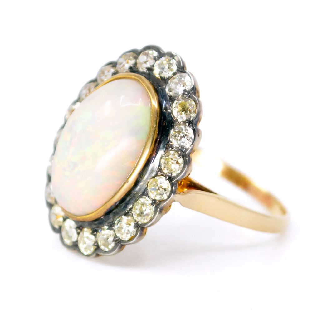 Vintage 6.5 Carat Opal And Old Cut Diamond Cluster Ring In 14 Carat Yellow Gold And Silver