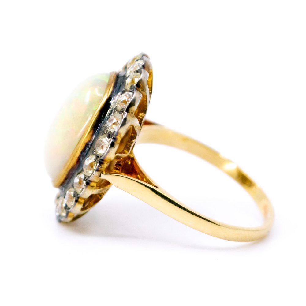 Vintage 6.5 Carat Opal And Old Cut Diamond Cluster Ring In 14 Carat Yellow Gold And Silver