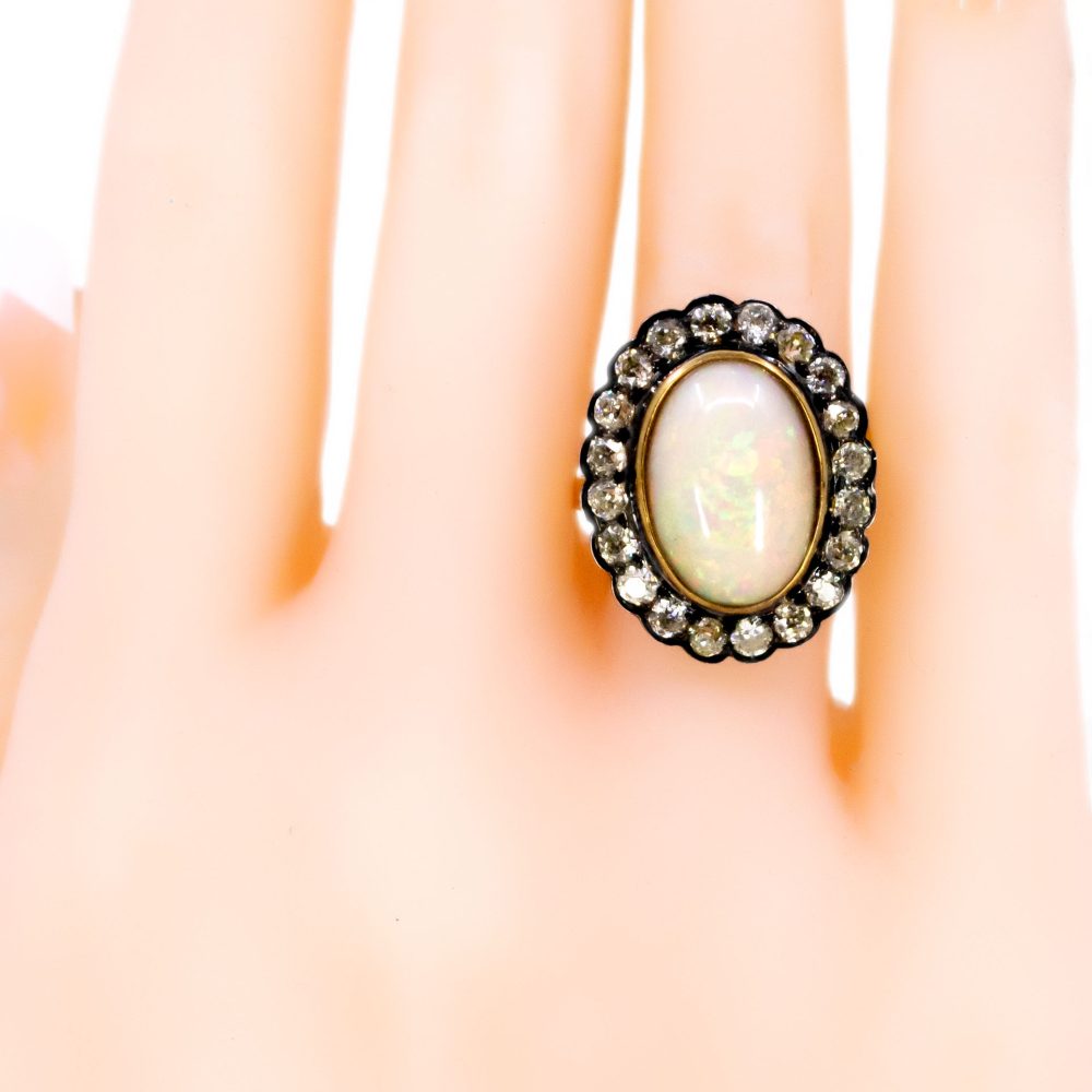 Vintage 6.5 Carat Opal And Old Cut Diamond Cluster Ring In 14 Carat Yellow Gold And Silver