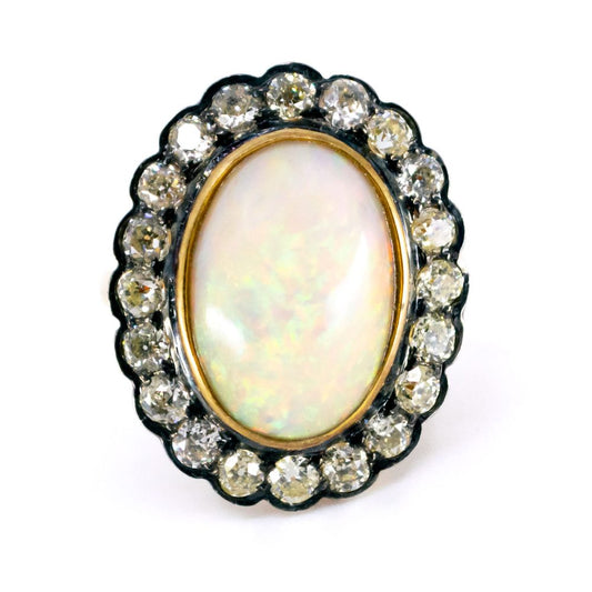Vintage 6.5 Carat Opal And Old Cut Diamond Cluster Ring In 14 Carat Yellow Gold And Silver