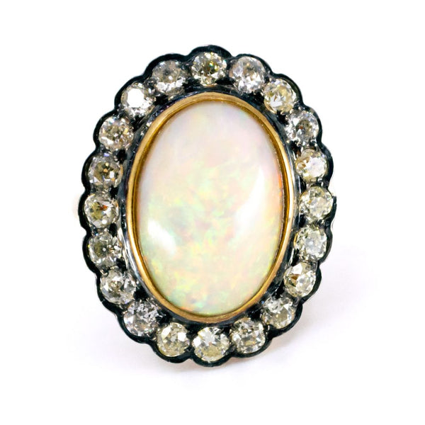 Vintage 6.5 Carat Opal And Old Cut Diamond Cluster Ring In 14 Carat Yellow Gold And Silver