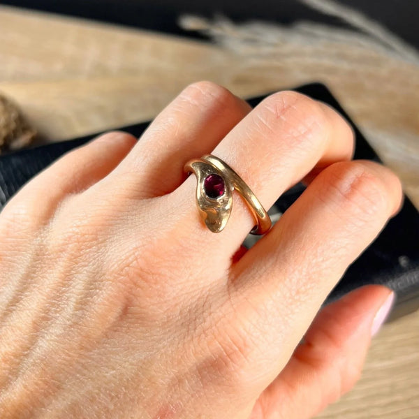 Antique 10ct Rose Gold, Victorian Garnet Headed Snake Ring