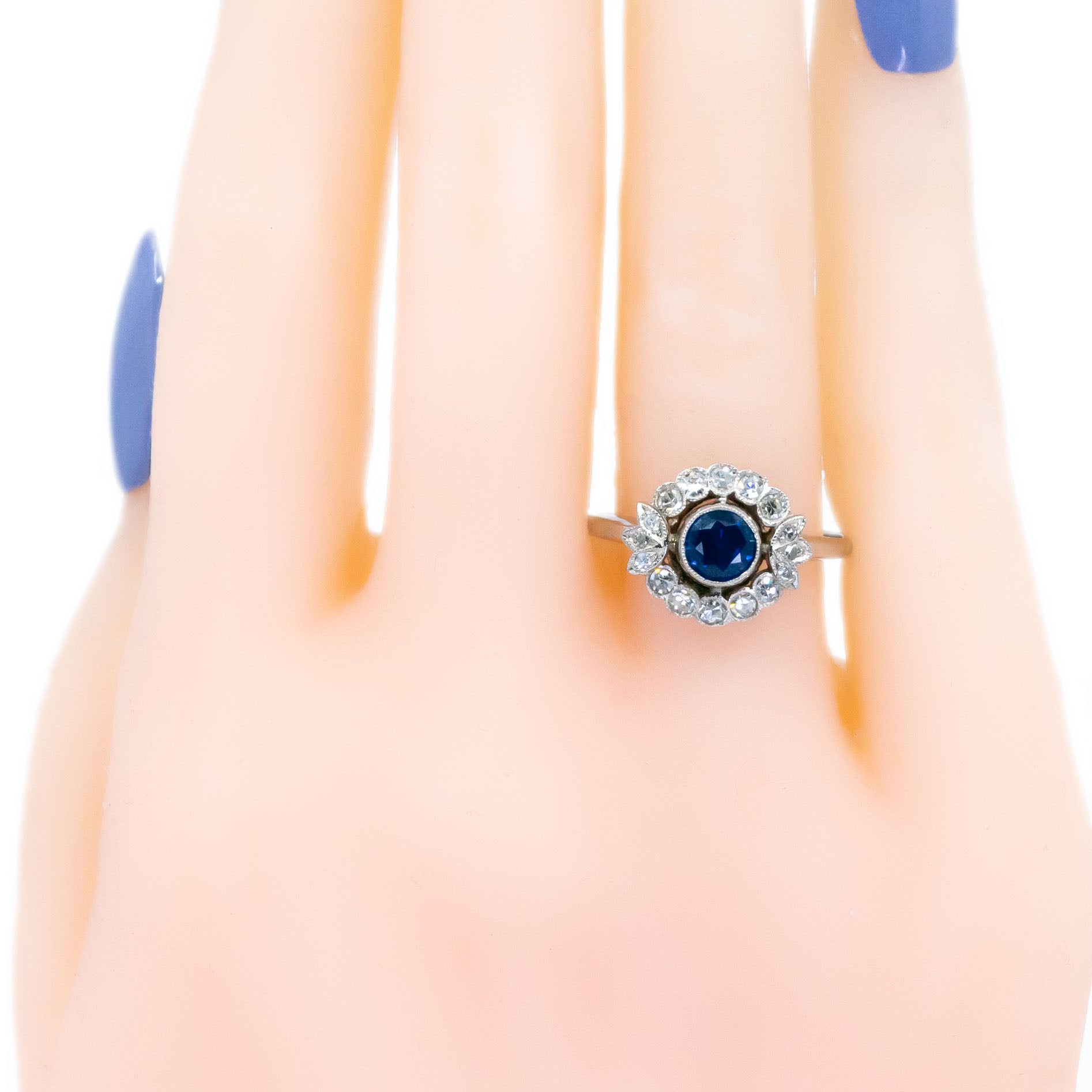 Vintage Platinum, Sapphire and Diamond Flower Cluster Ring, 0.75 Carat