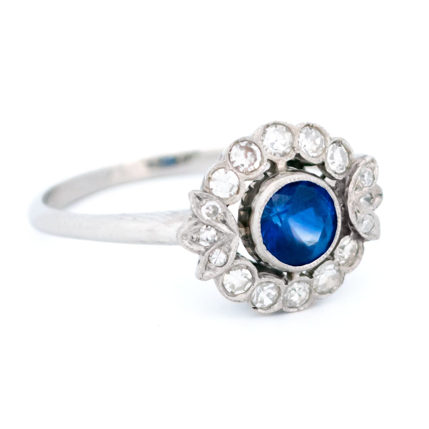 Vintage Platinum, Sapphire and Diamond Flower Cluster Ring, 0.75 Carat