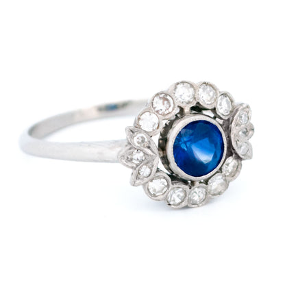 Vintage Platinum, Sapphire and Diamond Flower Cluster Ring, 0.75 Carat