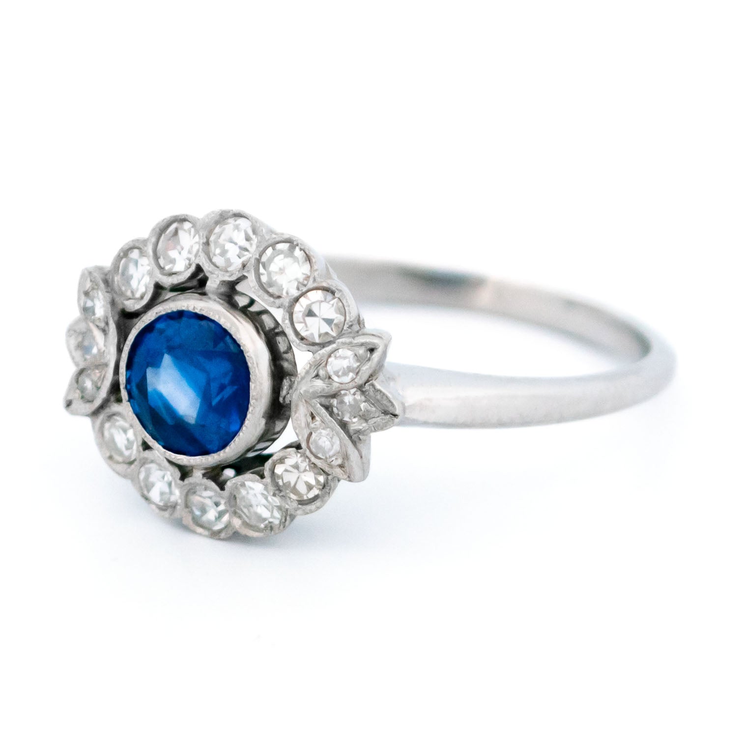 Vintage Platinum, Sapphire and Diamond Flower Cluster Ring, 0.75 Carat