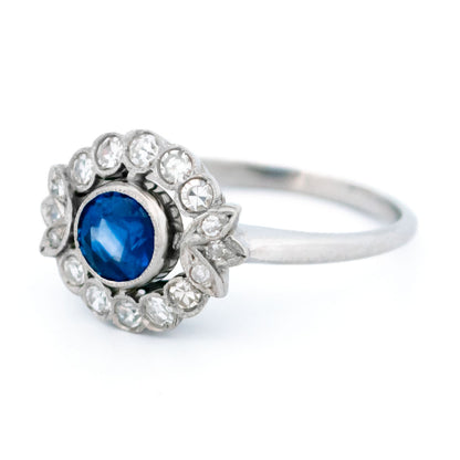 Vintage Platinum, Sapphire and Diamond Flower Cluster Ring, 0.75 Carat