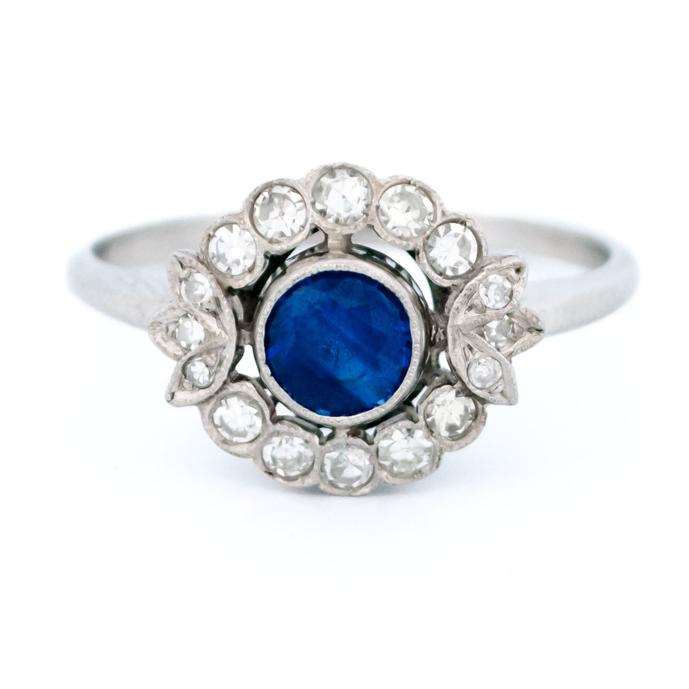 Vintage Platinum, Sapphire and Diamond Flower Cluster Ring, 0.75 Carat