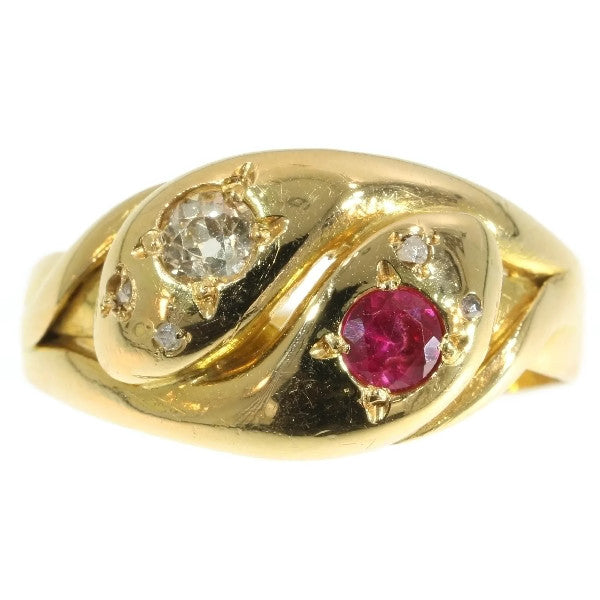 Antique Gold Snake Ring, Ruby and Diamond Double Headed