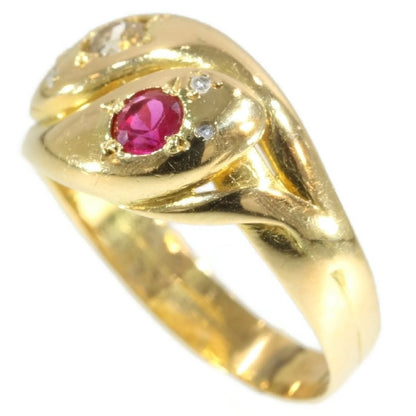 Antique Gold Snake Ring, Ruby and Diamond Double Headed