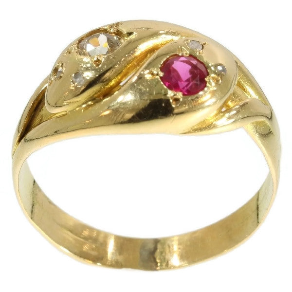 Antique Gold Snake Ring, Ruby and Diamond Double Headed