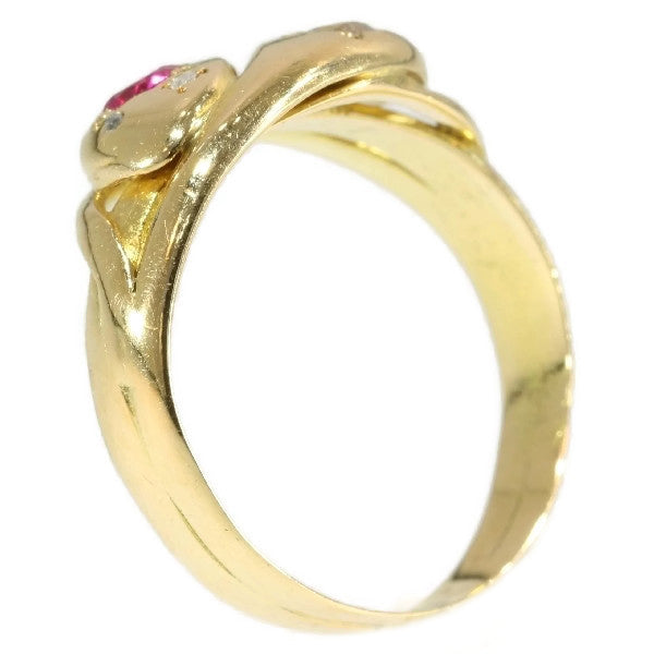Antique Gold Snake Ring, Ruby and Diamond Double Headed