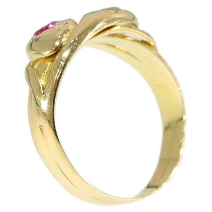 Antique Gold Snake Ring, Ruby and Diamond Double Headed