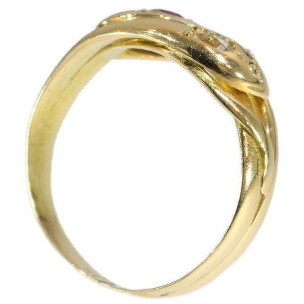 Antique Gold Snake Ring, Ruby and Diamond Double Headed