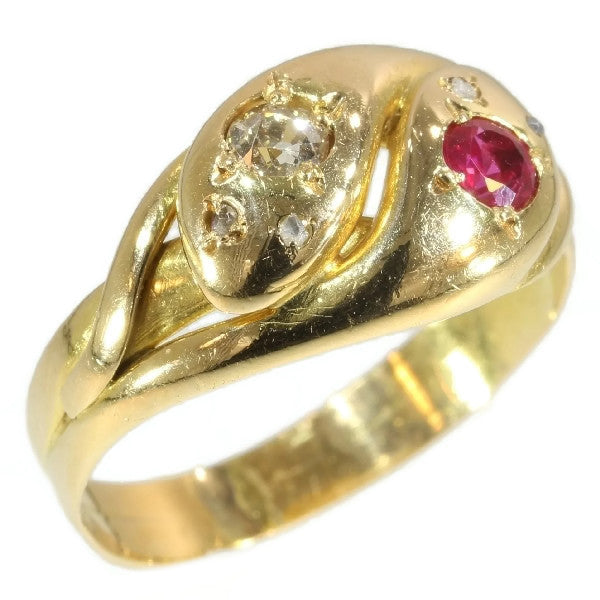 Antique Gold Snake Ring, Ruby and Diamond Double Headed