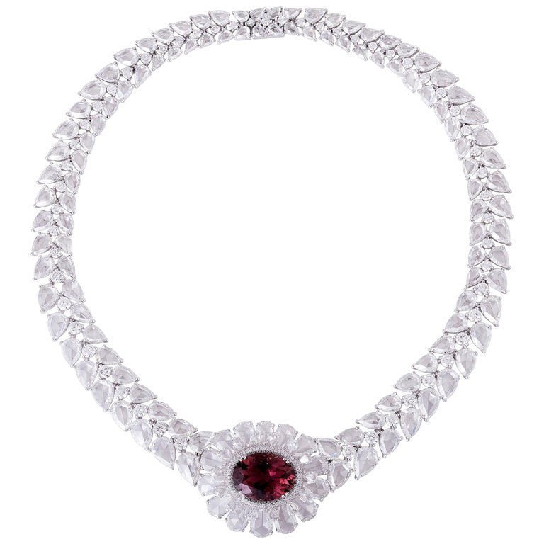 Rubellite and Rose Cut Diamond Necklace, 67.09 carats, 18ct White Gold