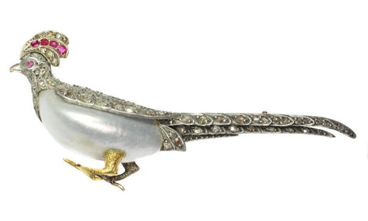 Antique French Victorian Ruby and Diamond Pheasant Brooch