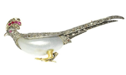 Antique French Victorian Ruby and Diamond Pheasant Brooch