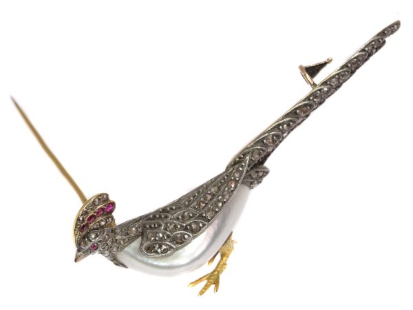 Antique French Victorian Ruby and Diamond Pheasant Brooch