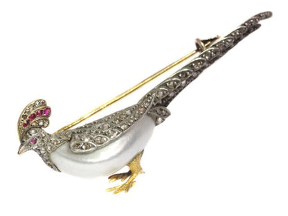 Antique French Victorian Ruby and Diamond Pheasant Brooch