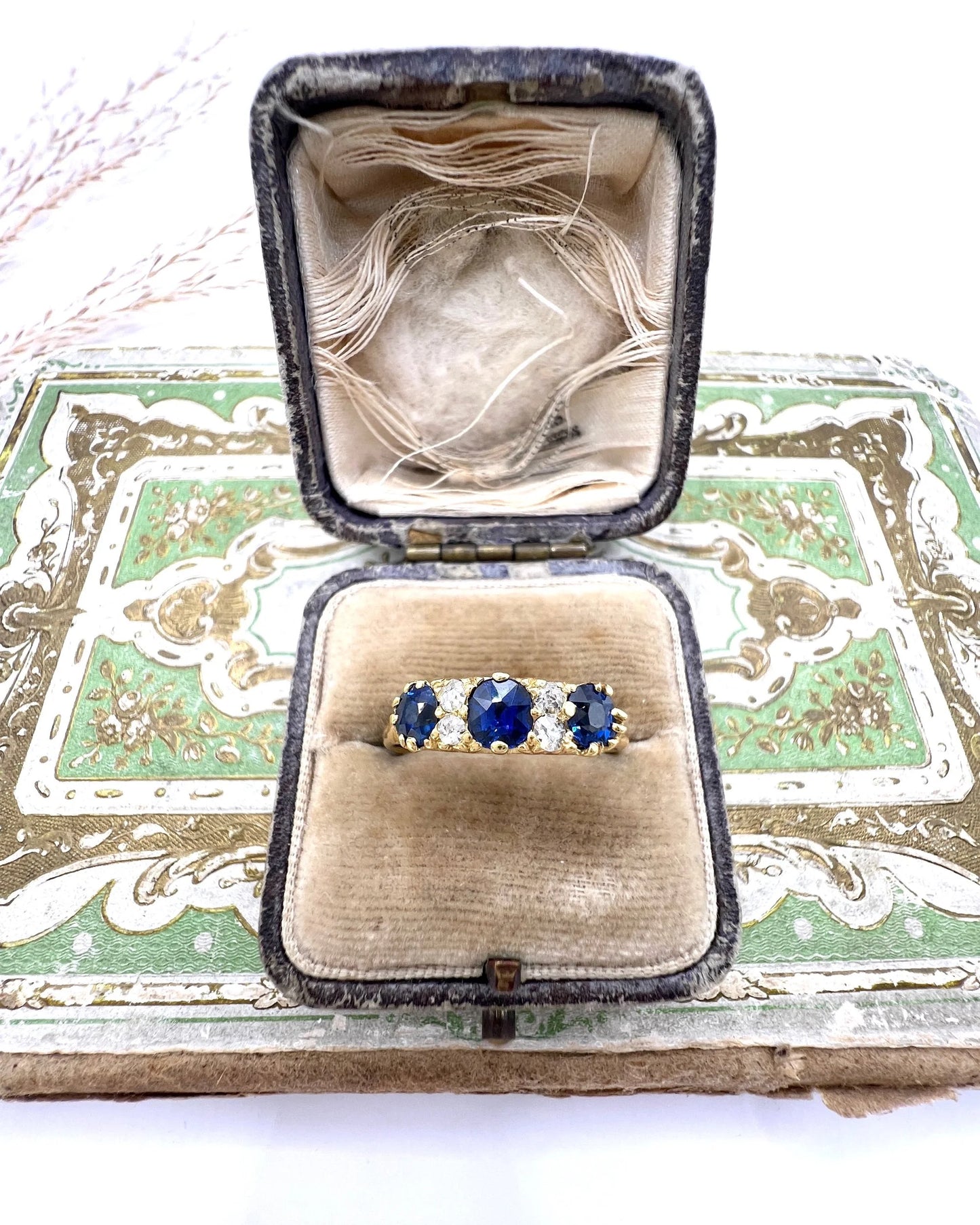 Antique 18 Carat Yellow Gold, Victorian Sapphire And Diamond Carved Seven Stone Ring