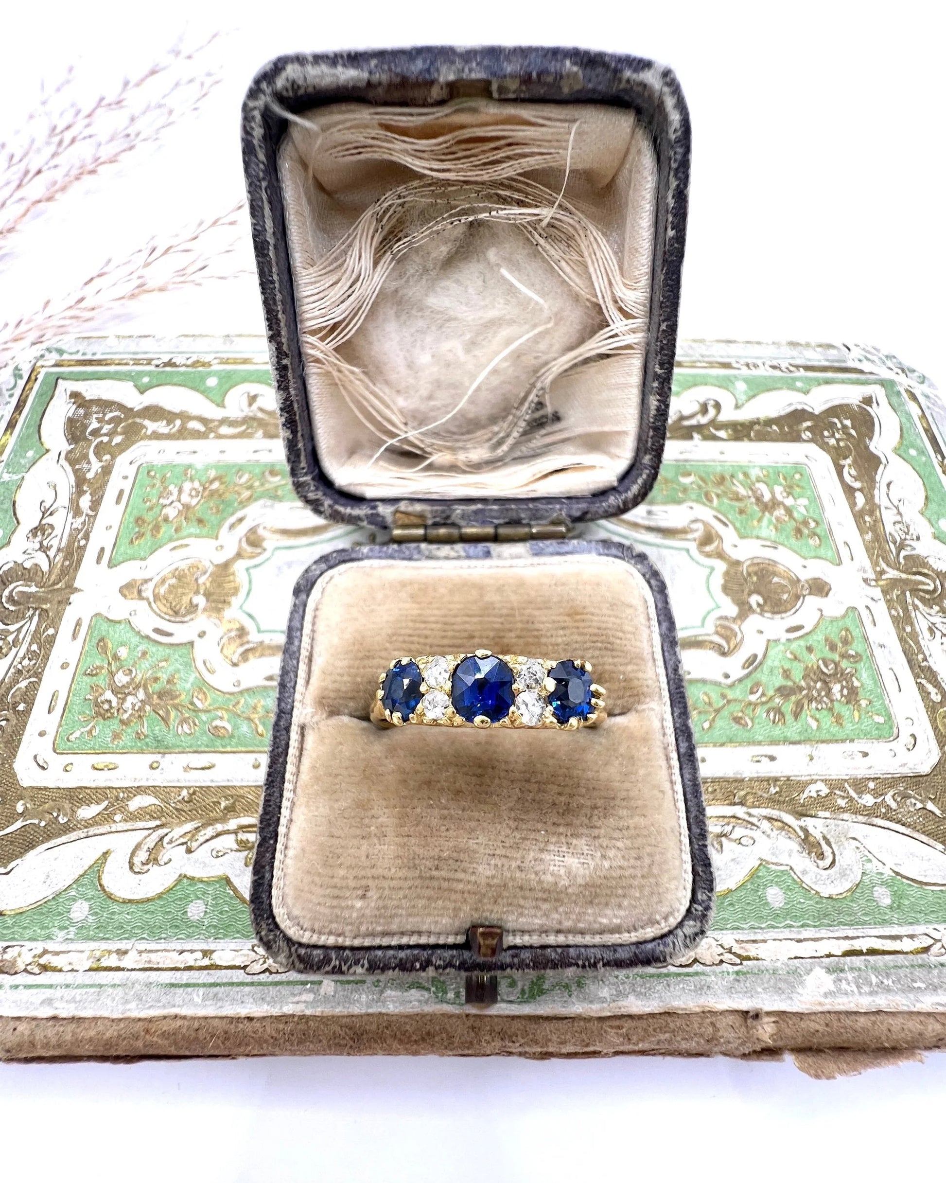 Antique 18 Carat Yellow Gold, Victorian Sapphire And Diamond Carved Seven Stone Ring