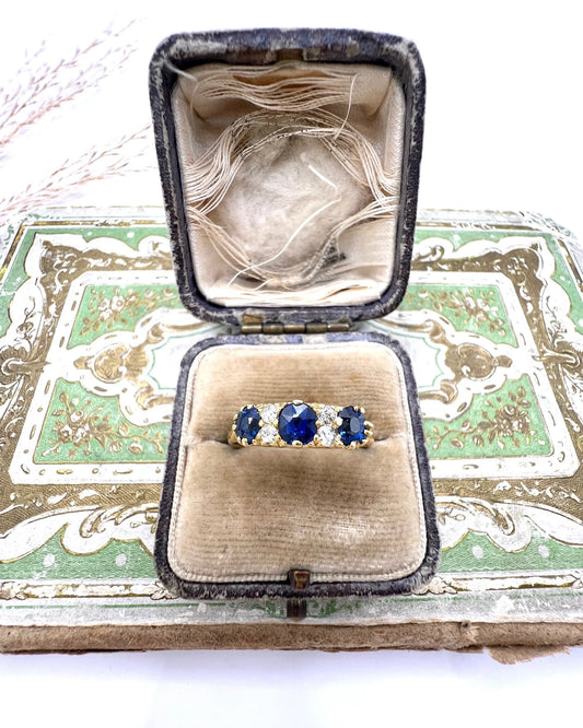 Antique 18 Carat Yellow Gold, Victorian Sapphire And Diamond Carved Seven Stone Ring