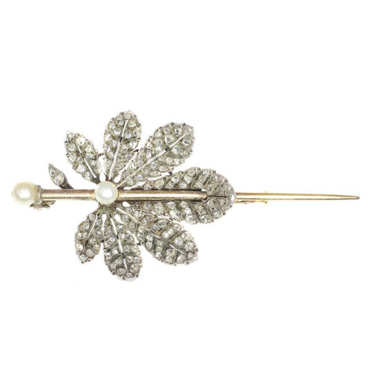 Antique French Victorian Diamond Encrusted Chestnut Leaf Brooch