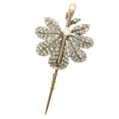 Antique French Victorian Diamond Encrusted Chestnut Leaf Brooch