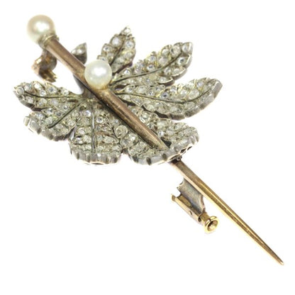 Antique French Victorian Diamond Encrusted Chestnut Leaf Brooch