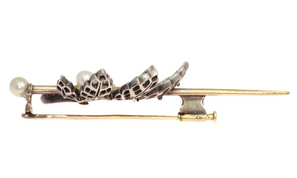 Antique French Victorian Diamond Encrusted Chestnut Leaf Brooch