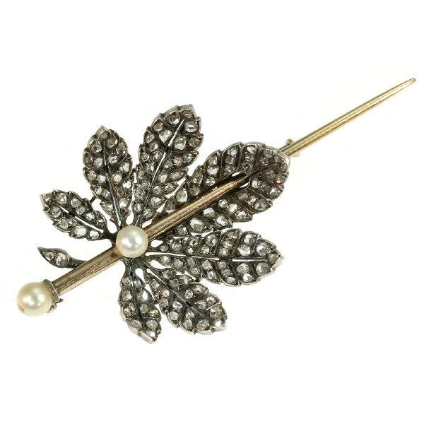 Antique French Victorian Diamond Encrusted Chestnut Leaf Brooch
