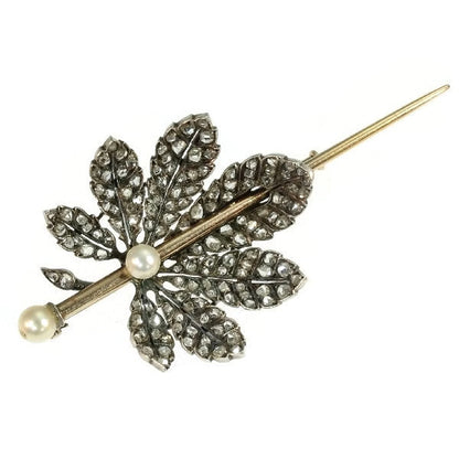 Antique French Victorian Diamond Encrusted Chestnut Leaf Brooch