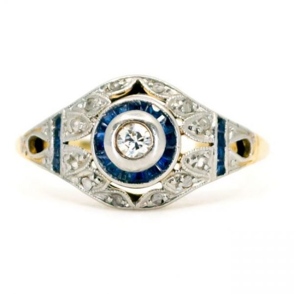 Art Deco Style Diamond and Sapphire Target Dress Ring in 18ct Gold