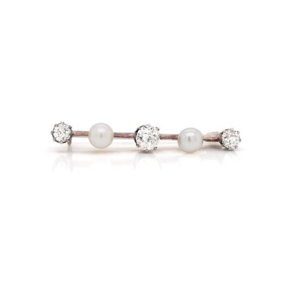 Vintage Old Cut Diamond and Pearl Bar Brooch