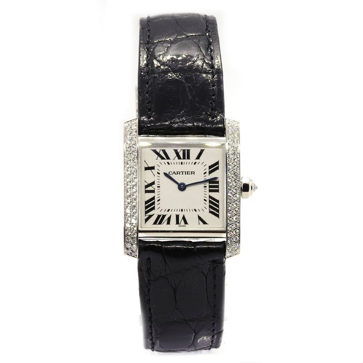 Cartier Tank Francaise 18ct White Gold and Diamond Medium Model Ladies Quartz Watch, 25 x 30mm midi size, factory set diamond bezel and diamond set crown, Cartier box with guarantee paperwork