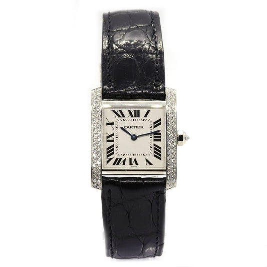 Cartier Tank Francaise 18ct White Gold and Diamond Medium Model Ladies Quartz Watch, 25 x 30mm midi size, factory set diamond bezel and diamond set crown, Cartier box with guarantee paperwork
