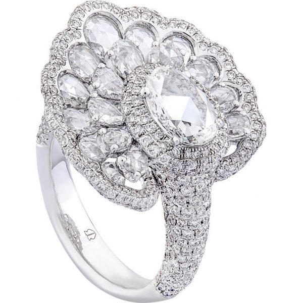 Rose Cut Diamond Cocktail Ring, 4.20 Carat Total, 18ct White Gold