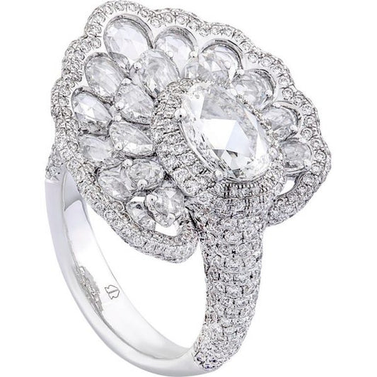 Rose Cut Diamond Cocktail Ring, 4.20 Carat Total, 18ct White Gold