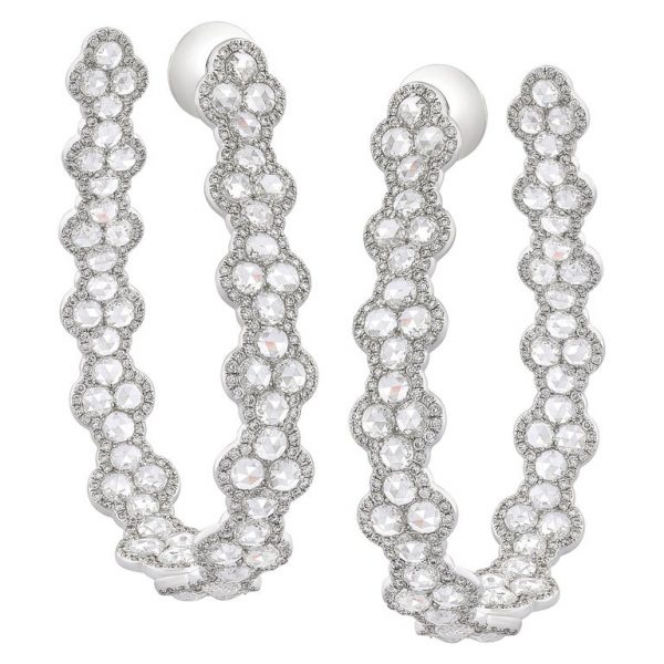 Rose Cut Diamond Hoop Earrings, 7.73 Carat Total, 18ct White Gold