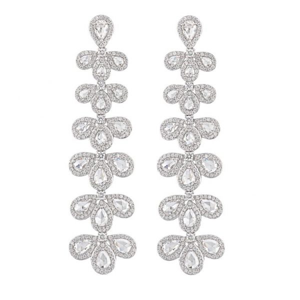 Ornate Rose Cut Diamond Drop Earrings, 5.32ct Total, 18ct White Gold