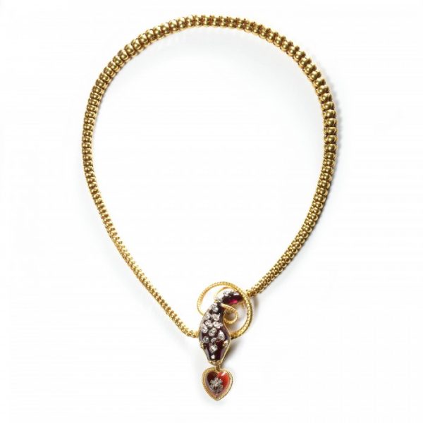 Antique Victorian Garnet Diamond and Gold Snake Necklace, Circa 1860