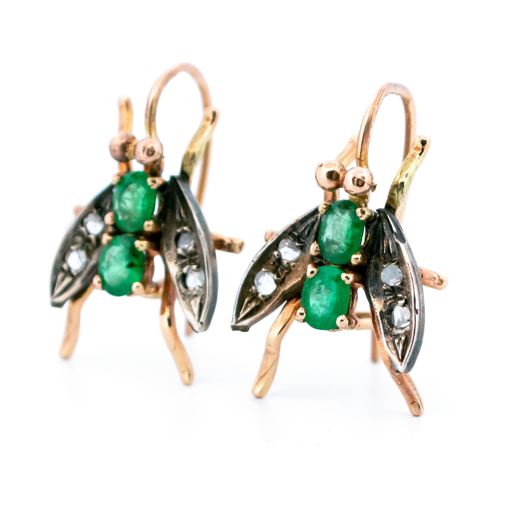 9 Carat Yellow Gold Emerald and Rose Cut Diamond Insect Earrings