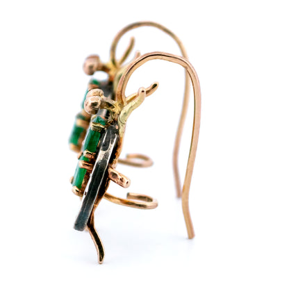 9 Carat Yellow Gold Emerald and Rose Cut Diamond Insect Earrings