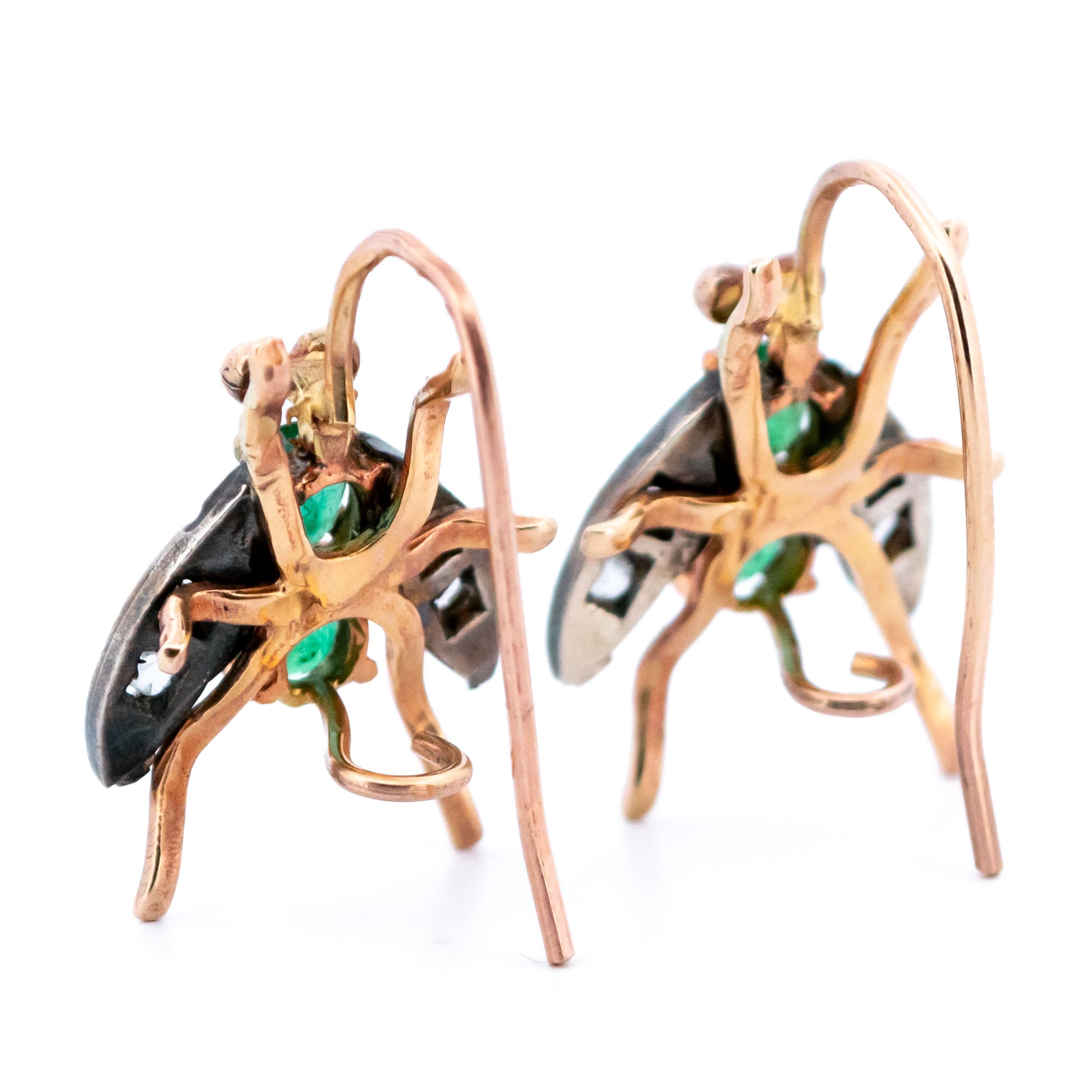 9 Carat Yellow Gold Emerald and Rose Cut Diamond Insect Earrings