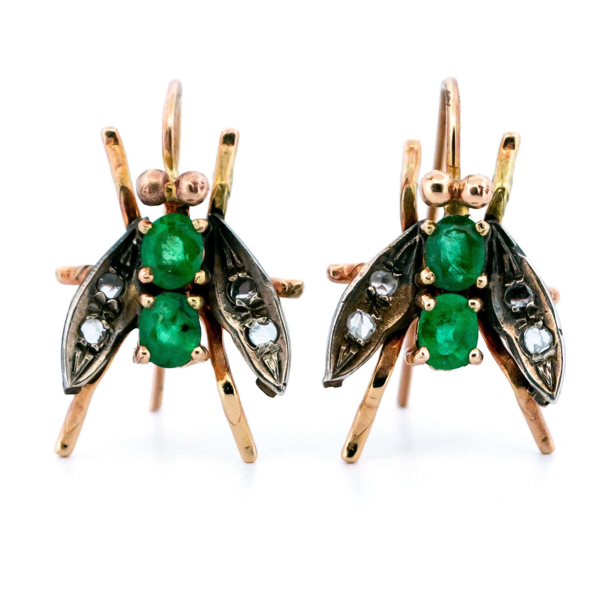9 Carat Yellow Gold Emerald and Rose Cut Diamond Insect Earrings