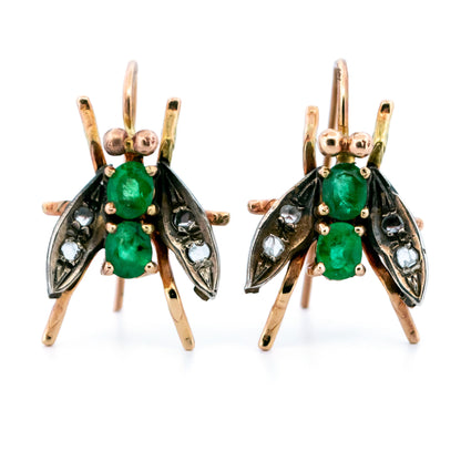 9 Carat Yellow Gold Emerald and Rose Cut Diamond Insect Earrings
