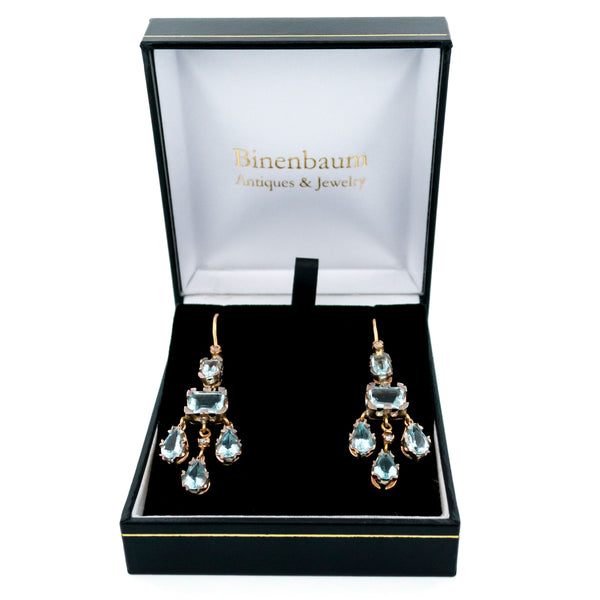 14 Carat Gold, Silver, Aquamarine and Diamond Chandelier Earrings